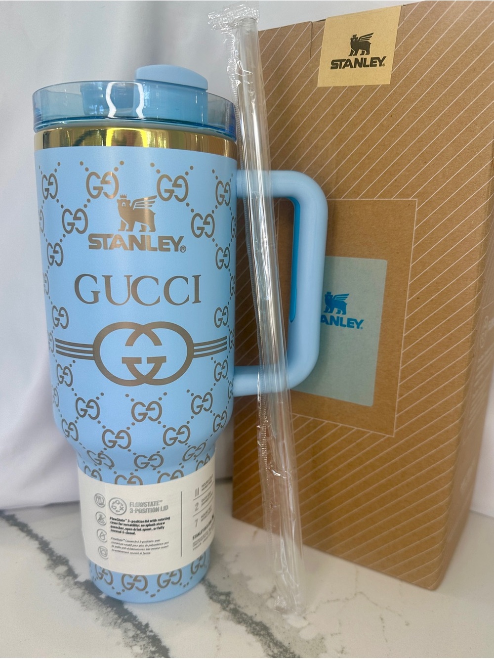 Stanley Style Light Blue 40oz Travel Tumbler Gold Monogram Pattern